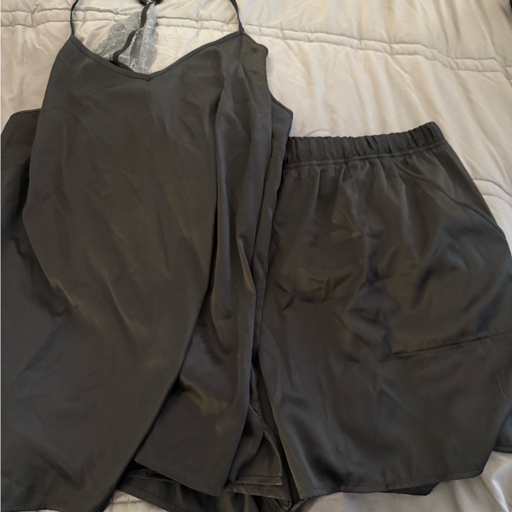 Cacique Black Lace-Back Satin Pajama Set